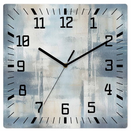 Blue Beige Wooden Wall Clock Silent Non Ticking, Oil Painting Abstract Art Contemporary Square Wall Clocks Battery Operated, Decor Clock for Home Office, Living Room, Kitchen, 12 Inch