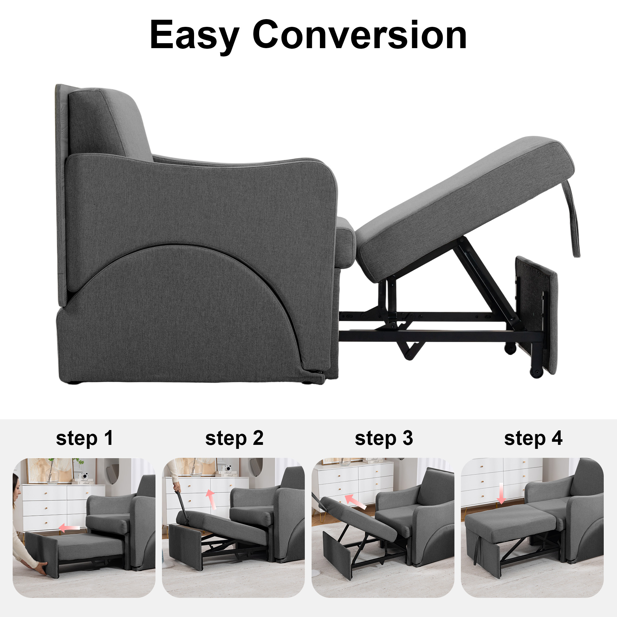 VNT 3-in-1 Convertible Sofa Bed Chair, Sleeper Chair with 6 Levels Adjustable Backrest & Pull Out Function for Living room, Apartment, Gray