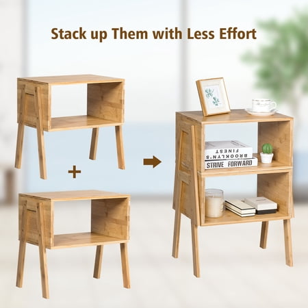 Costway Set Of 2 Bamboo Nightstand Stackable Sofa Table Bedside Table With Storage Shelf Walmart Canada