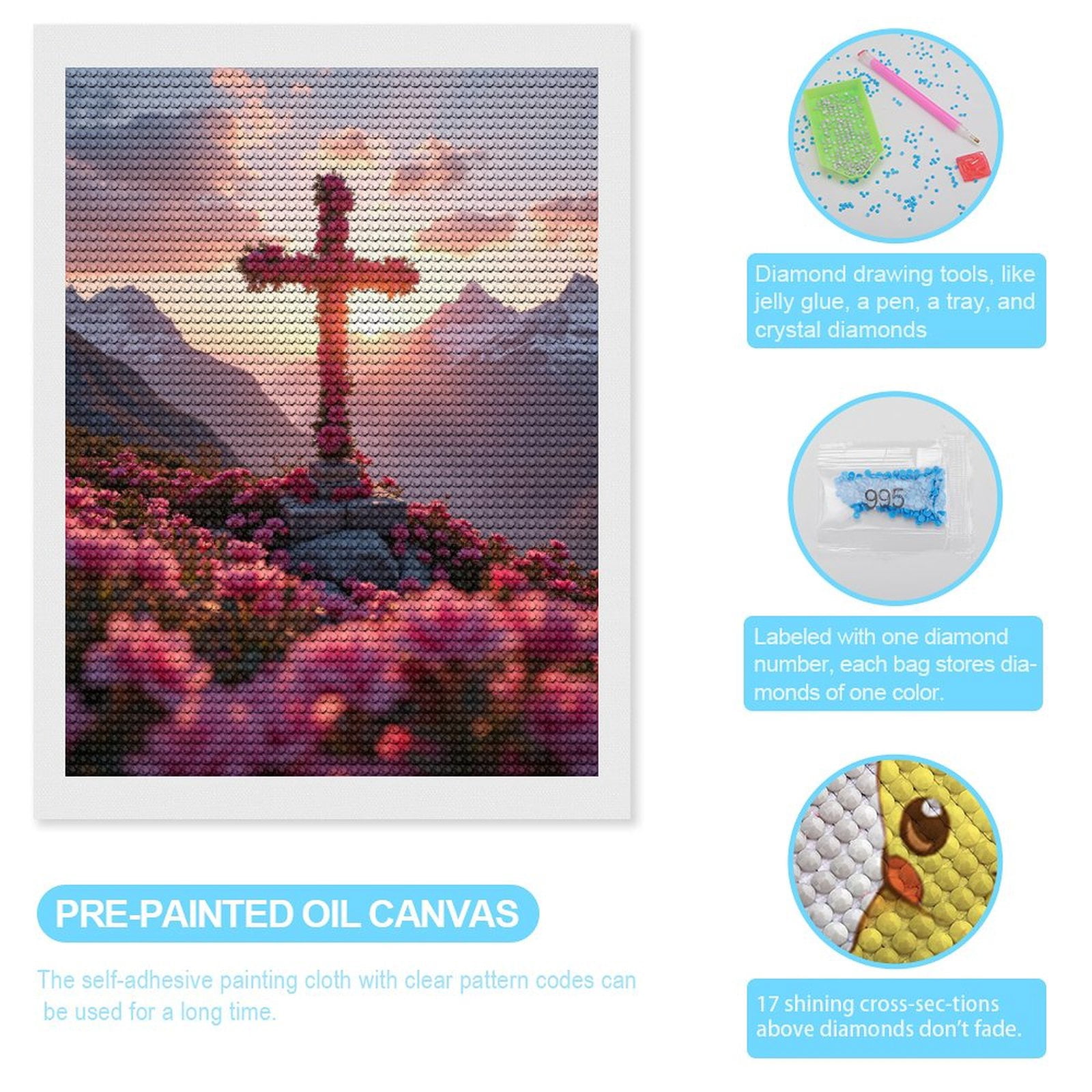 Diamond Art Kits for Adults - Flowers Sunset Mountain Cross Landscape 5d Diamond Painting for Adults, Diamond Art for Adults Beginners, Frameless Diamond Painting Kits for Adults for Home Wall Decor