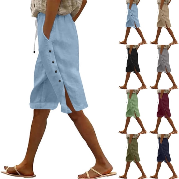 UVEASISHA Cotton Linen Capris for Women Drawstring High Waisted Knee Length Bermuda Shorts Summer Casual Loose Side Split Beach Shorts with Pockets Army Green XL