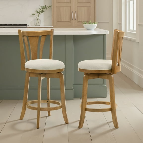 Elle 26 in. Amber Glow Counter Height Rubberwood Swivel Barstool with Ivory Fabric Seat - Set of 2