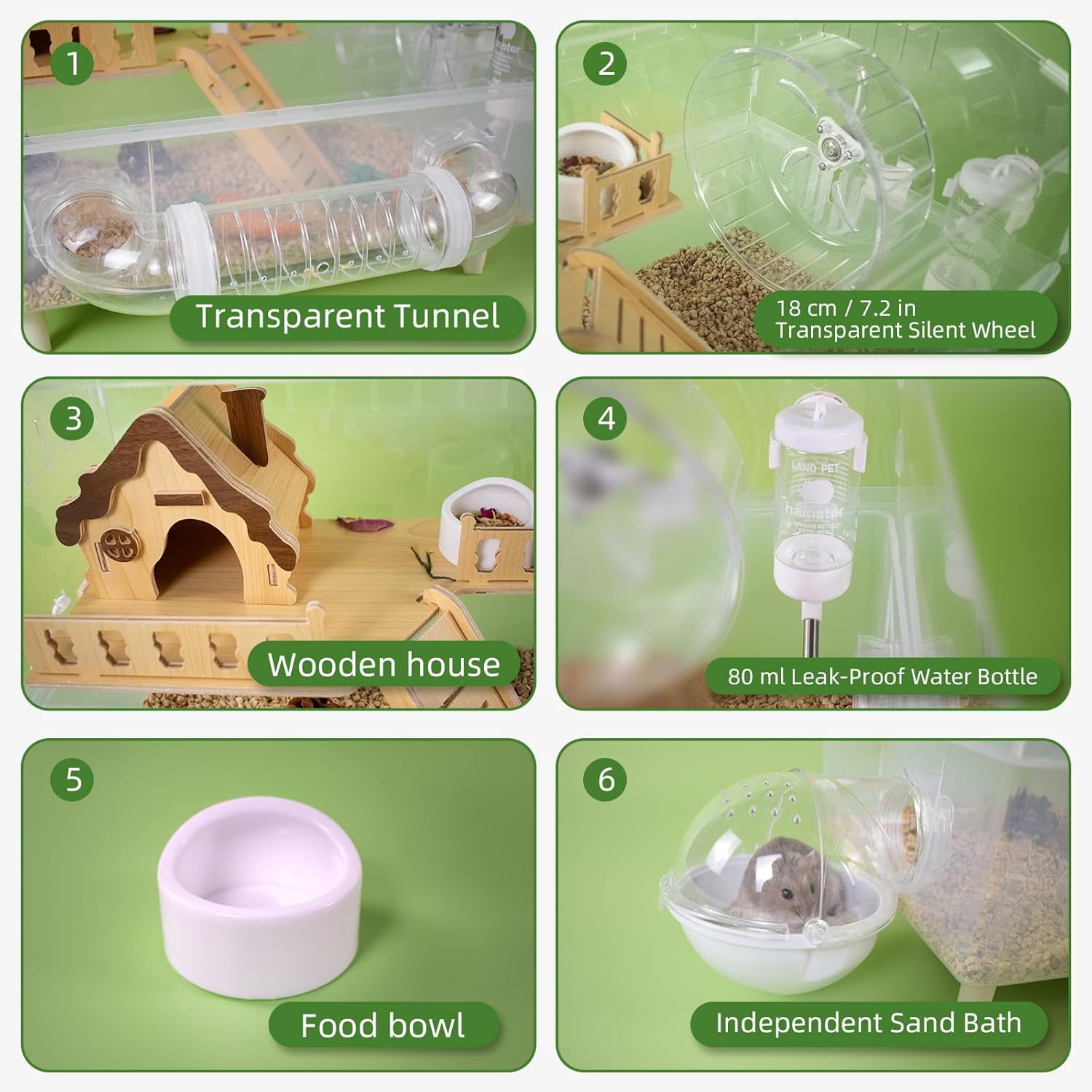 Clear Acrylic Hamster Cage, Dwarf Hamster Cage, Mouse Cage, Gerbil Cage - All-in-One Hamster Habitat with 18cm Silent Wheel, Tubes & Full Kit, 17.7×11.8×13.8" for Dwarf Hamsters, Mice, Gerbils