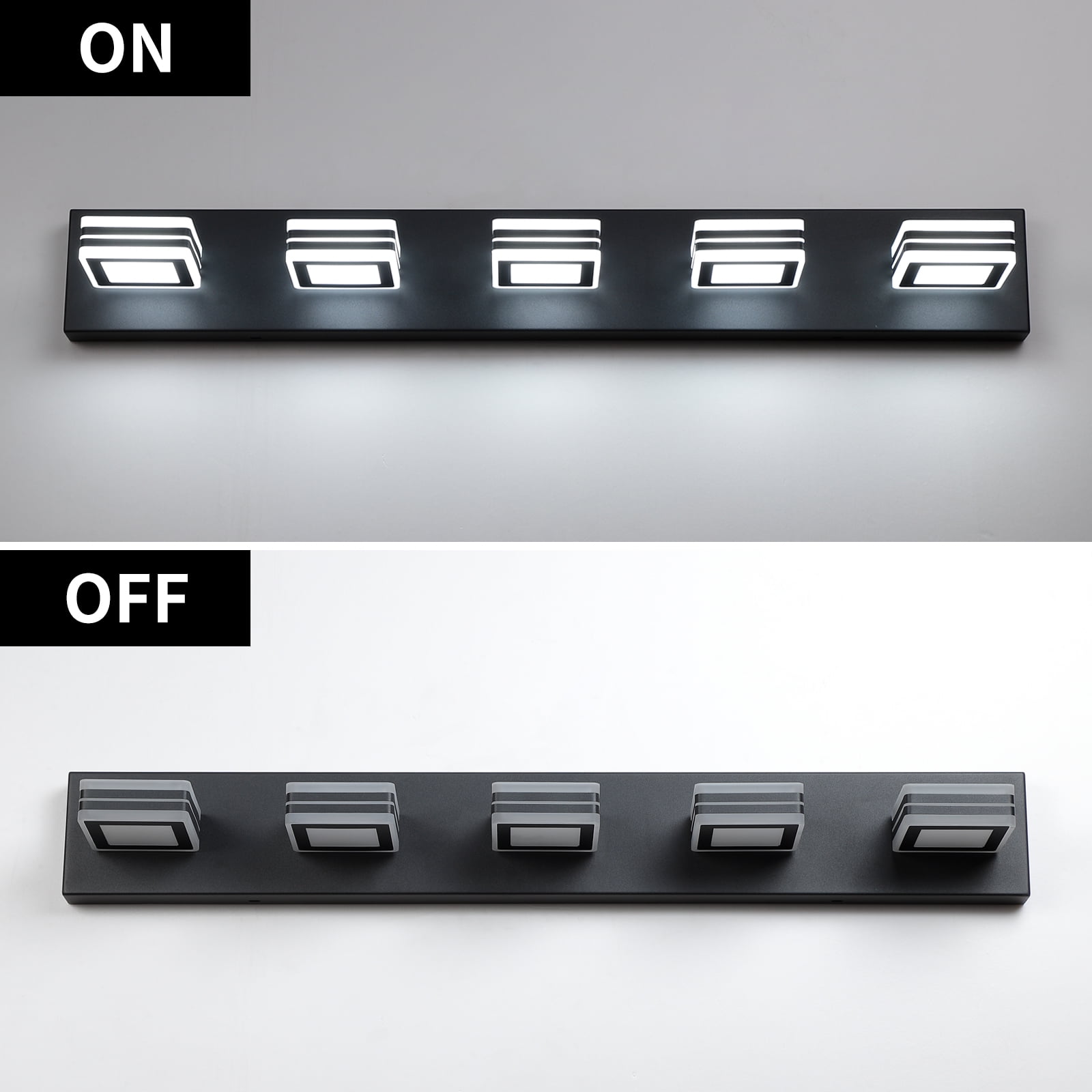 32" Modern Black 5-Light LED Vanity Light, Square Acrylic Lampshades Wall Mount Fixture for Bathroom, Mirror Lighting