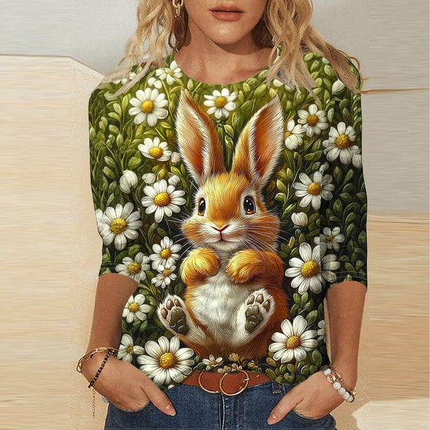 TaTaai Women's Easter Printed Pullover Top Round Neck 3/4 Sleeve Loose Fit Casual Holiday Spring Festival T-Shirt Everyday Blouse Gift