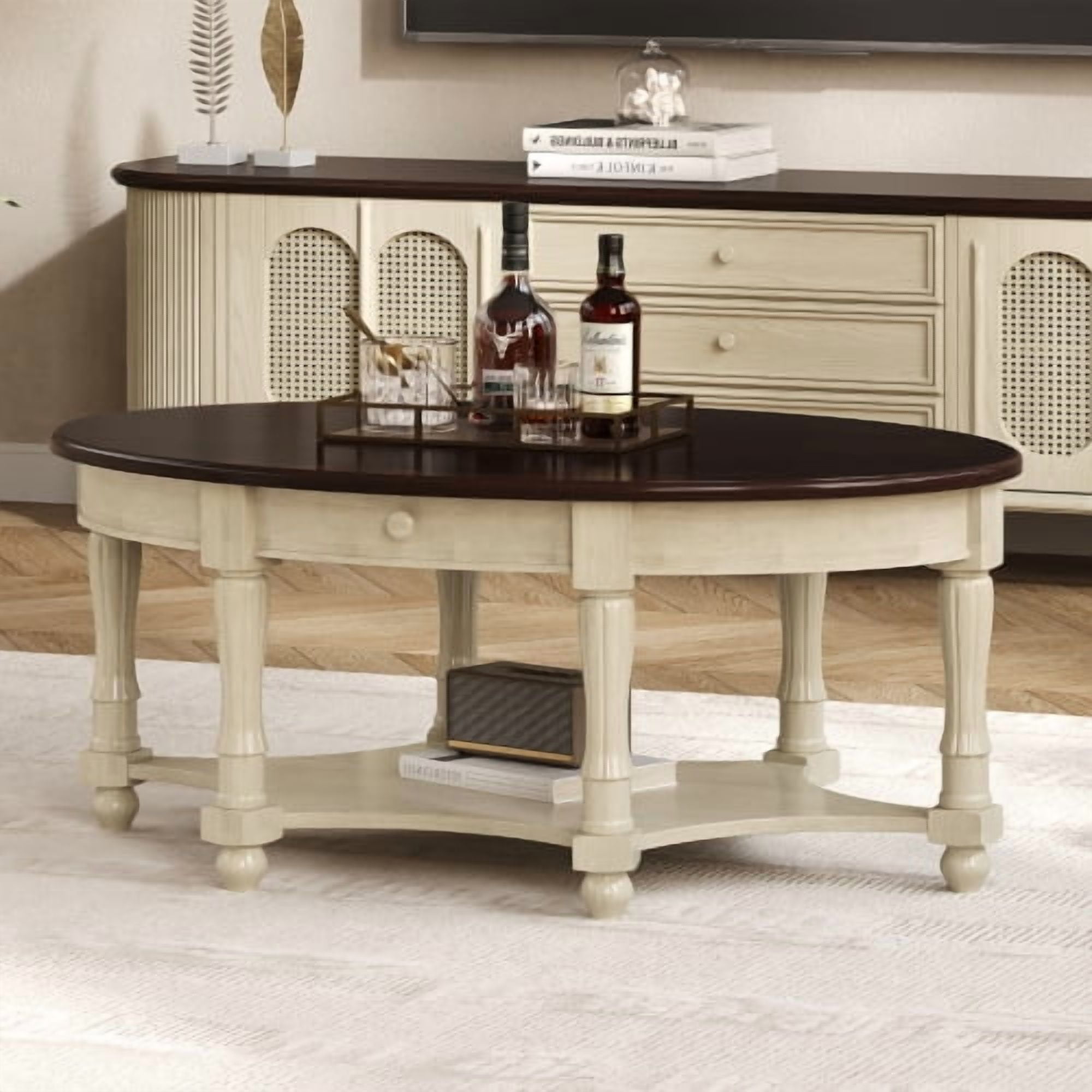 Vintage Oval Coffee Table with Drawer and Storage Shelf, Antique Cocktail Table in 45", French Country Accent Table for Living Room,Beige and Cherry