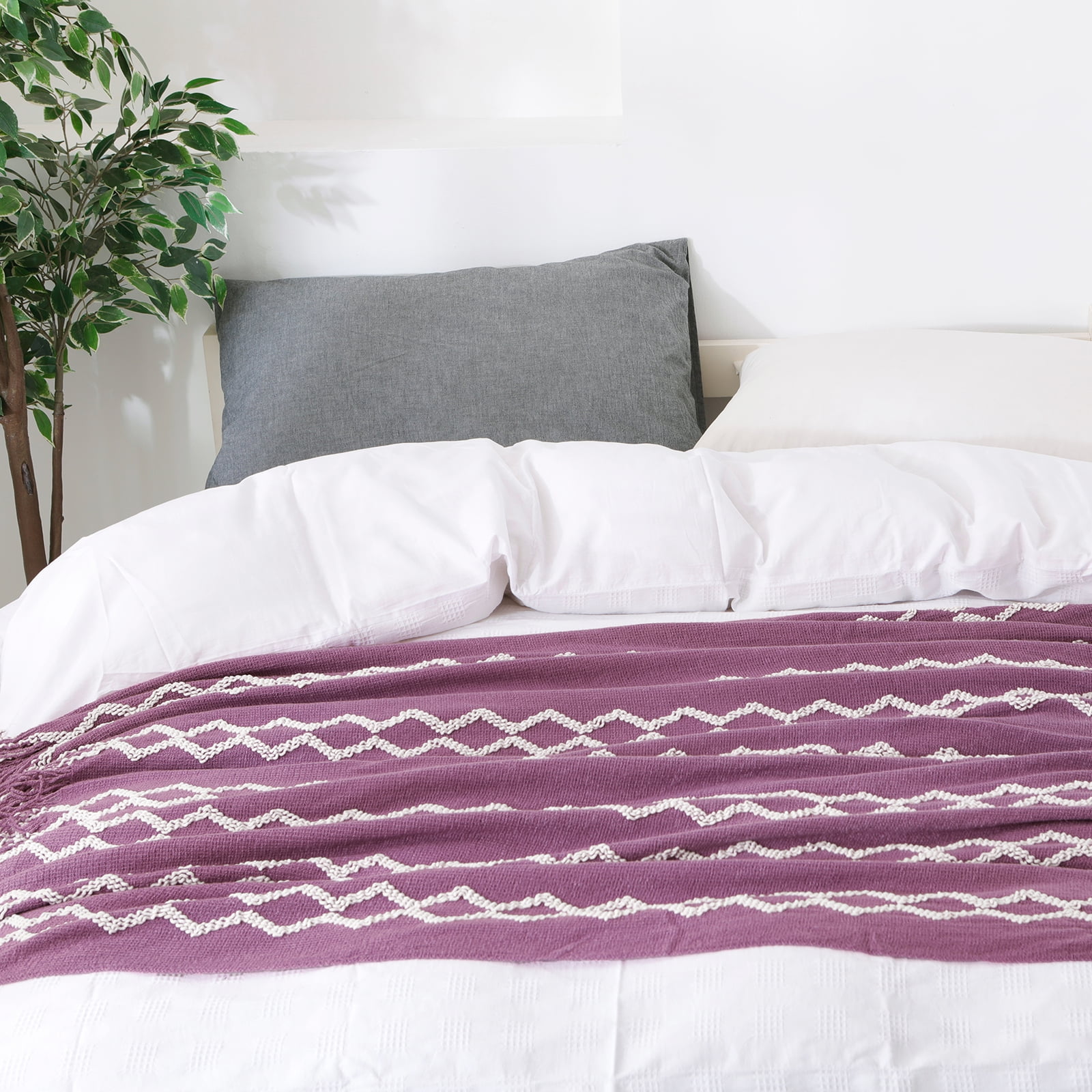 Bourina Fluffy Chenille Knitted Fringe Throw Blanket, Lightweight Soft Cozy Bed Sofa Chair Blanket, Deep Purple, 50" x 60"For Adults