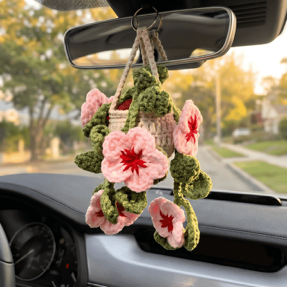 Cute Crochet Cherry Blossom Hanging Plant for Car Accessories, Aesthetic Decor Rear View Mirror Hanging Ornament for Women and Men, Handmade Cute Car Interior Decor Accessories Gift