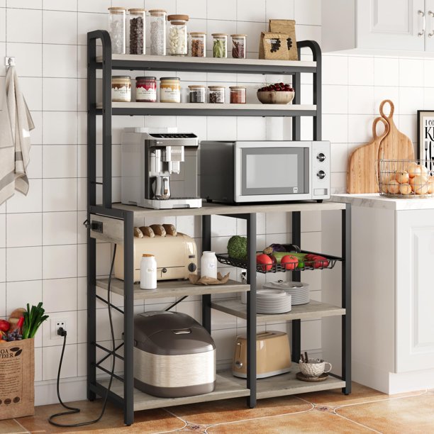 Juiluna Bakers Rack with Power Outlet, Coffee Bar with Wire Drawer
