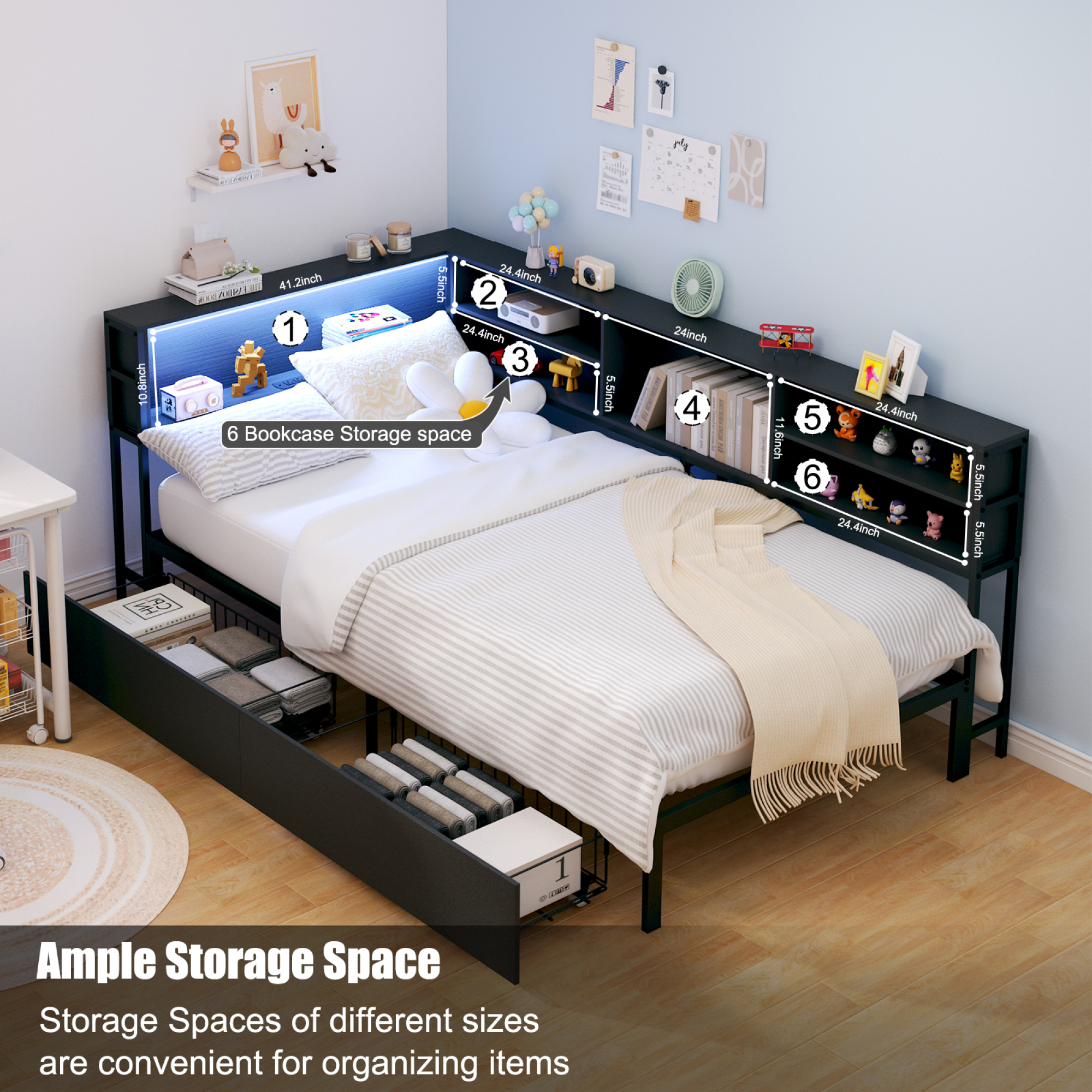Leumius Corner Twin Bed Frame with Storage Drawers, Bookcase Headboard, LED Lighting & USB Charging Station,Twin Size Daybed for Kids Teens,Black