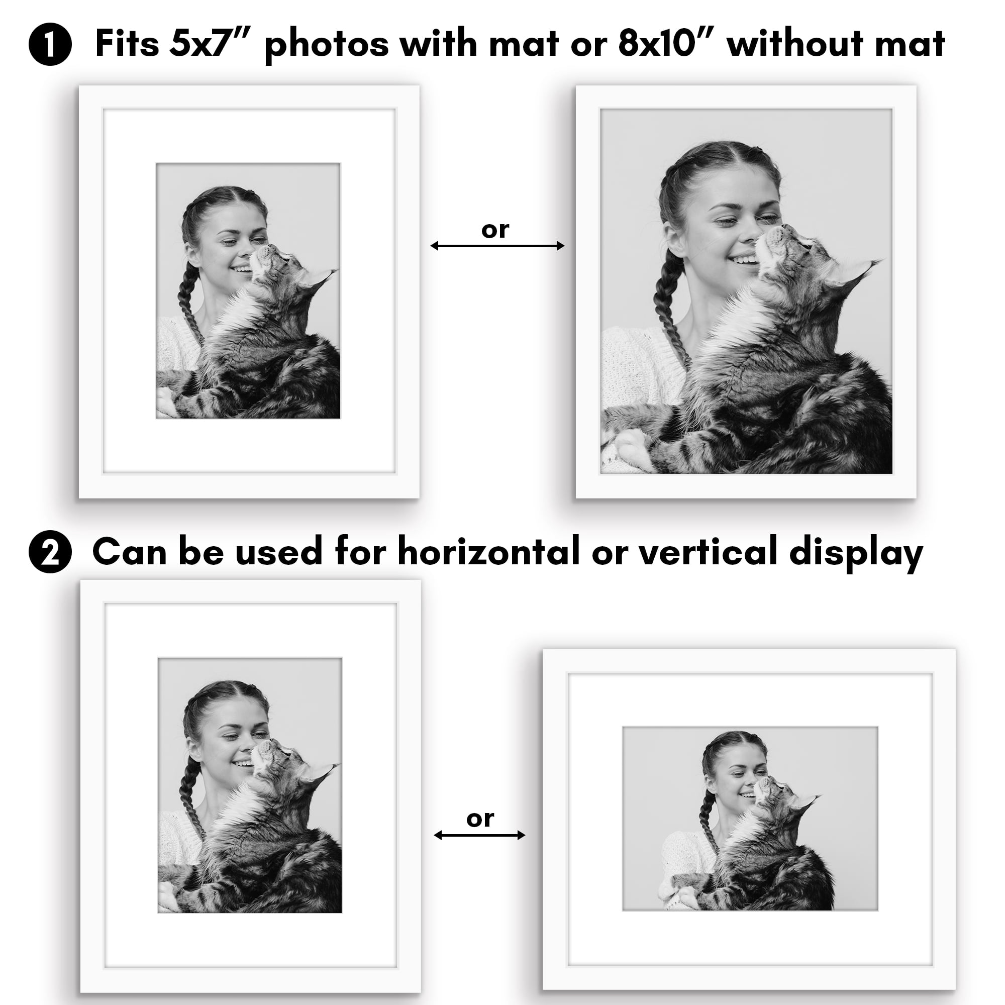 Americanflat 8x10 Picture Frame with Polished Plexiglass with 5x7 Mat 2 Pack Display Photo Galleria - White