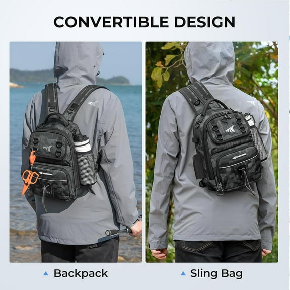 Fishing Sling Bag with Rod & Beverage Holder, Spacious Tackle Backpack for Bank & Boat Fishing