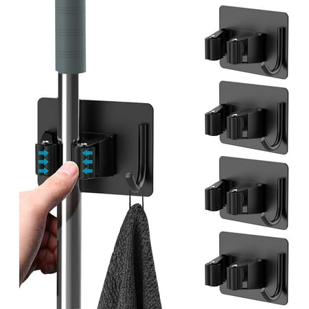 

4 Pieces Broom Holder Self Adhesive Wall Mounted Broom Holder No Drilling Mop Holder with Hooks for Kitchen Bathroom Garden Black