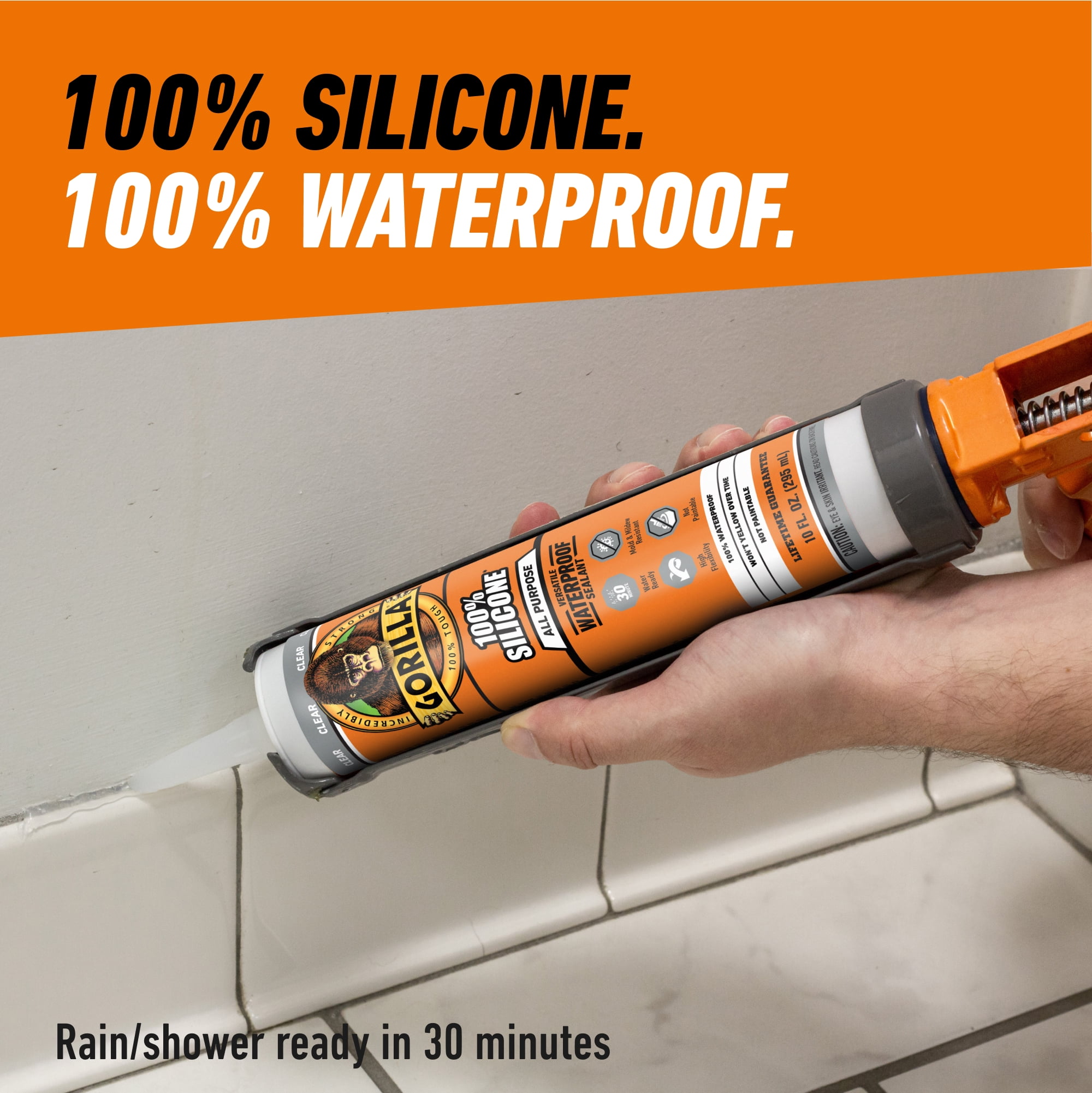 (2 pack) Gorilla Waterproof Caulk & Seal Silicone Sealant, 10oz Cartridge - Clear Caulking Sealant for Kitchen, Window, Bath, Marine, Door and More