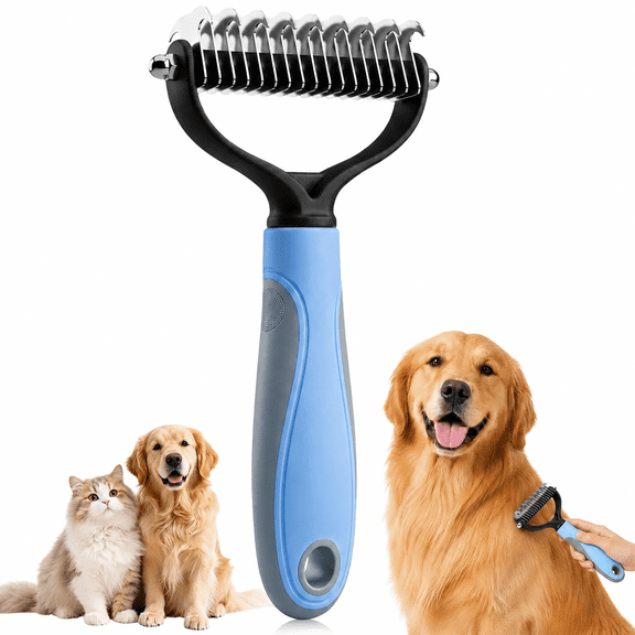 Deshedding Dog Brush for Shedding, Double-Sided Pet Grooming Brush for Dogs & Cats, Undercoat Rake and Dematting Comb for Long & Short Hair, Skin-Friendly Grooming Tool(Blue)