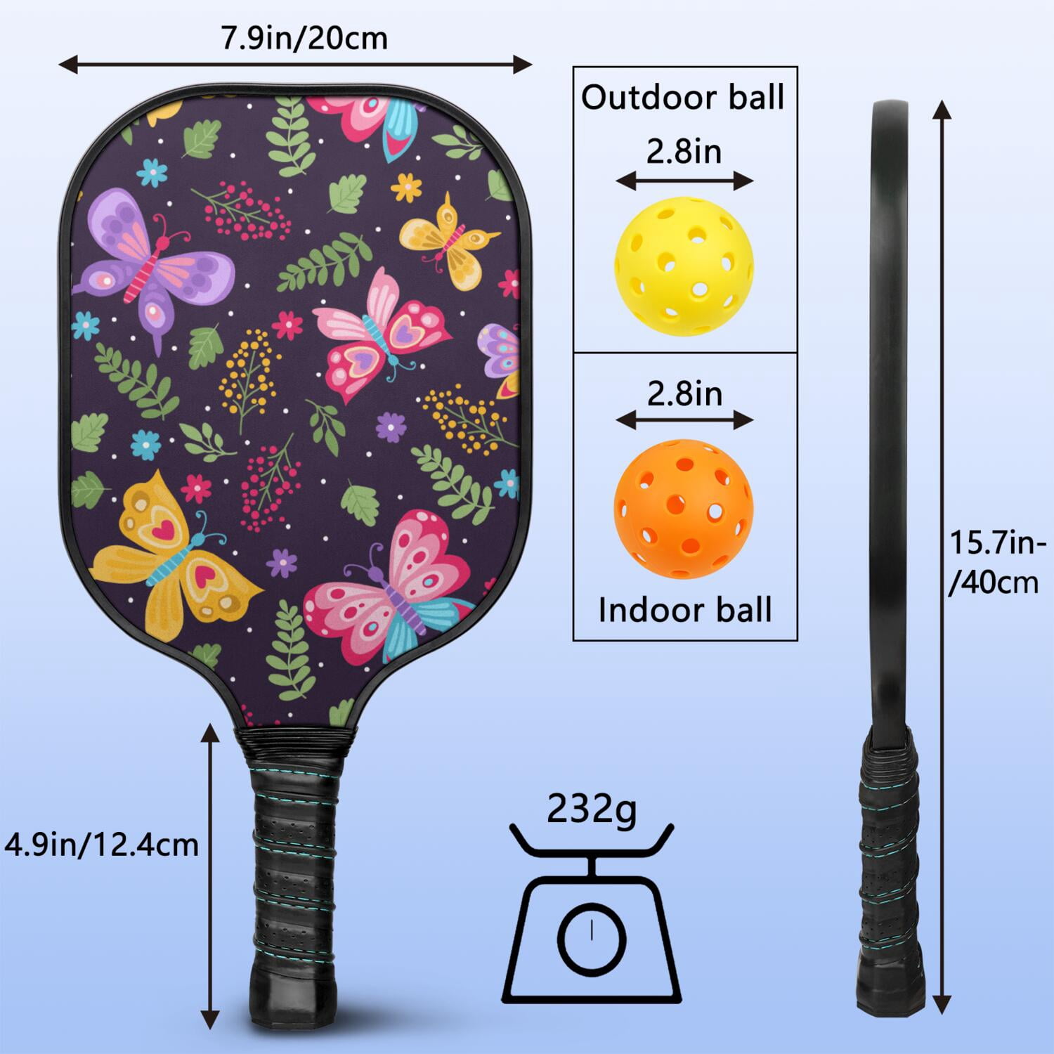 Pickleball Paddles Set Of 1, Fiberglass Surface, Boho Butterfly Decor, 1 Paddle, 2 Balls & Bag
