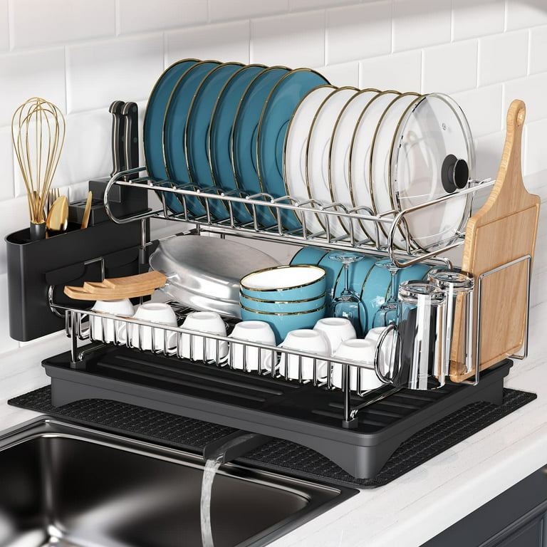 SNTD Dish Drying Rack, 2 Tier Multifunctional Dish Rack for Kitchen Counter  Large Dish Drainers Strainer with Drainboard Set Black
