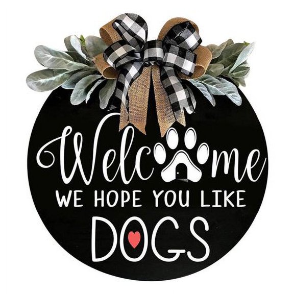 Fyeme Welcome Wreath Sign for Farmhouse Front Porch Decor - We Hope You Like Dogs/Cats-Round Wooden Welcome Sign - Gift for Housewarming