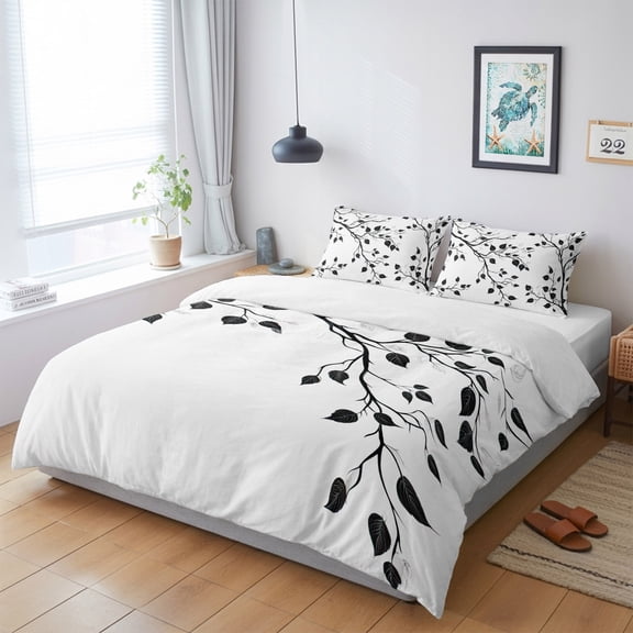 Duvet Cover King Size 3 Piece Bedding Set, Abstract Branches Leaves Soft Breathable Comforter Cover with 2 Pillow Shams, Black White Artwork Luxury Duvet Covers with Zipper Closure
