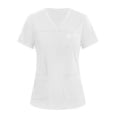 thumbnail image 2 of Iaqnaocc Scrub Tops Women Funny Solid Color Nurse Uniforms Trendy V-Neck Side Slits Scrub Tops Party Short Sleeve Tees Blouse with 3 Pockets White 5XL, 2 of 4