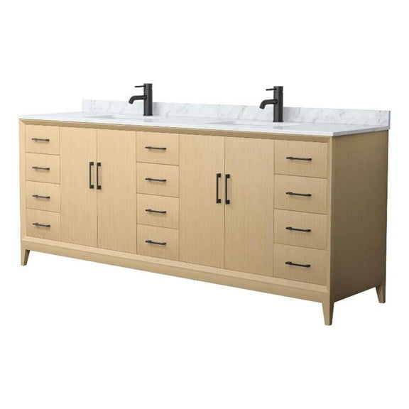 Wyndham Collection WCH757584DHBCMUNSMXX 84 in. Janna Double Bathroom Vanity in White Oak, White Carrara Marble Countertop - Undermount Square Sink - Matte Black Trim