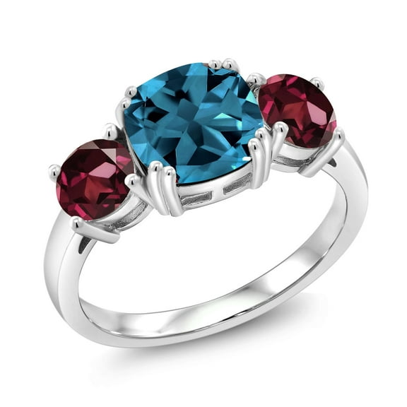 Gem Stone King 3.94 Cttw London Blue Topaz and Red Rhodolite Garnet 3 Stone Engagement Ring for Women | 925 Sterling Silver | Gemstone November Birthstone | Cushion 8MM (Size 6)