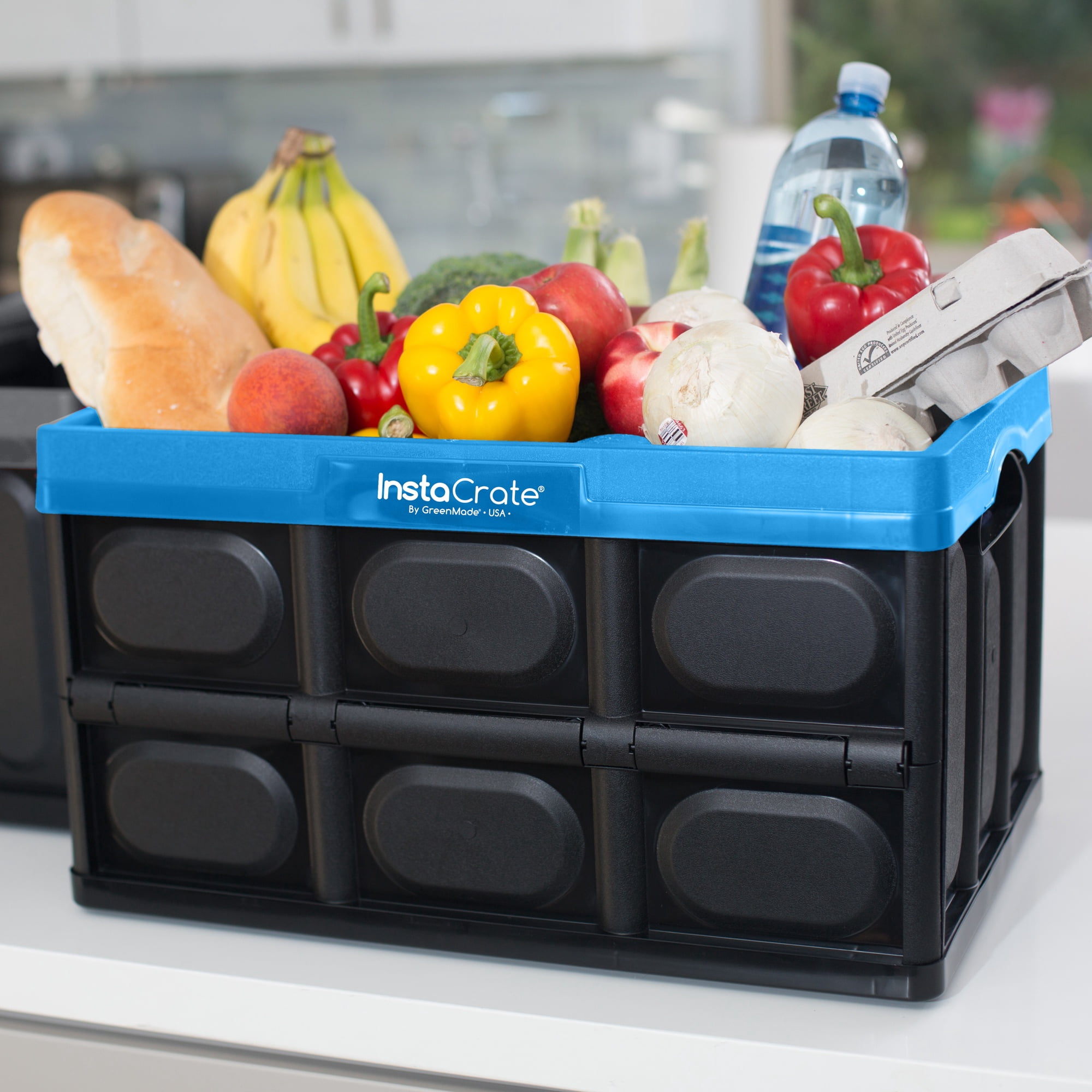 Greenmade Instacrate 12-Gallon Collapsible Plastic Storage Bin with Handles, Black and Blue