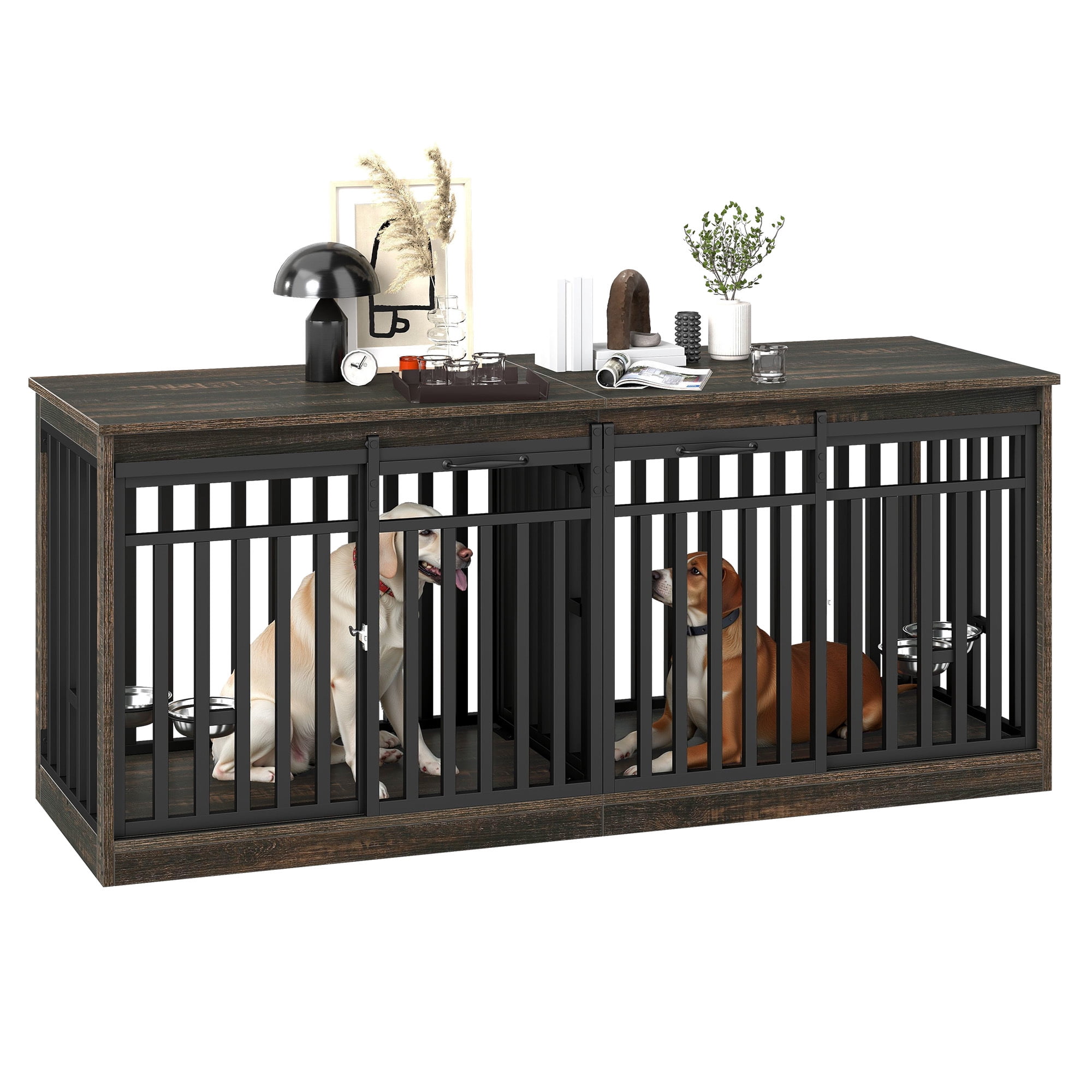 Uforic 71" Double Dog Crate Furniture, Heavy Duty Wood Dual Kennel TV Stand with Sliding Doors & Dog Bowls (Black)