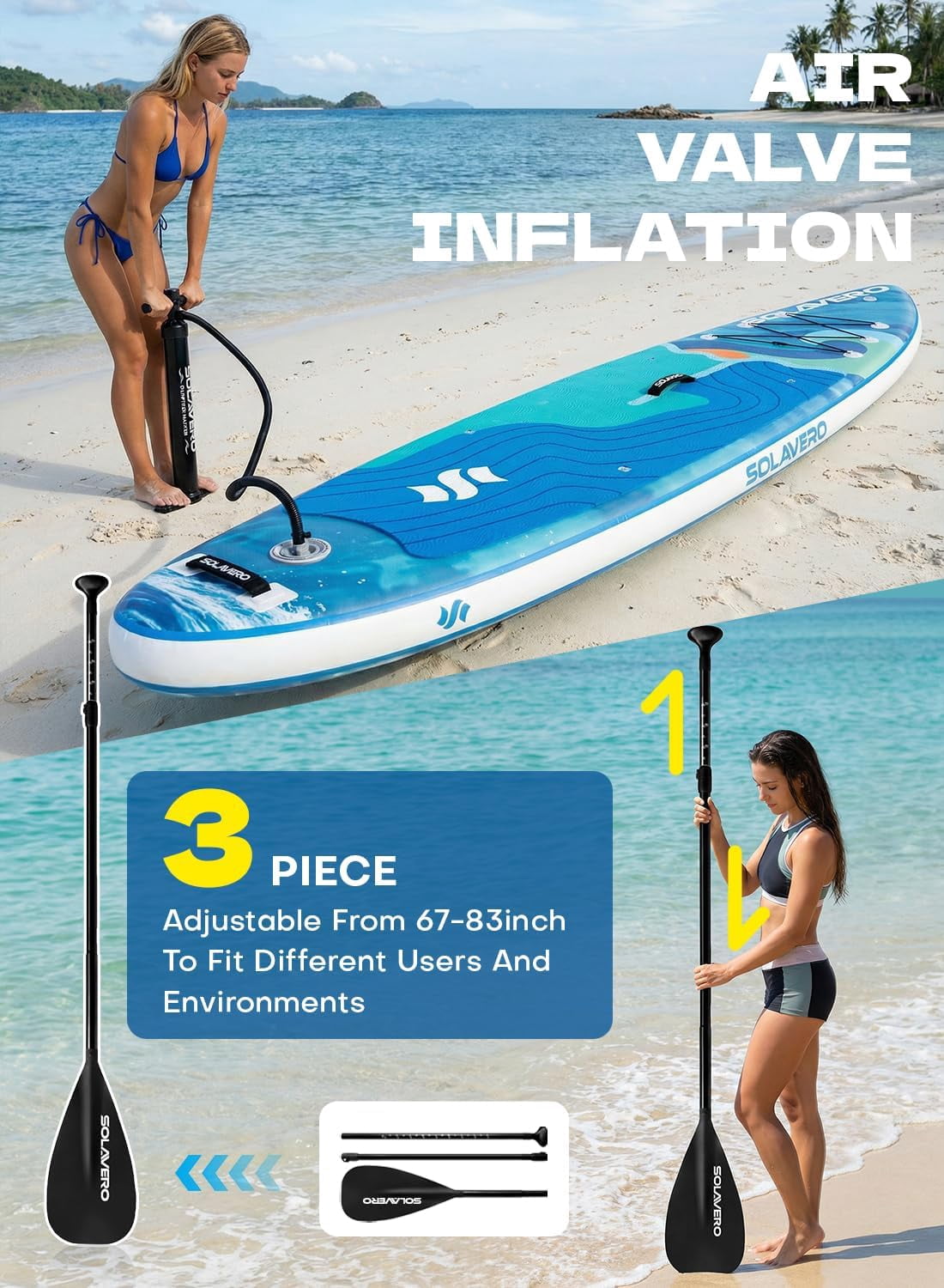 SOLAVERO Inflatable Stand Up Paddle Board with SUP Accessories, Anti-Slip EVA Deck, 11'×33" Blow Up Paddle Board Adults & Youth