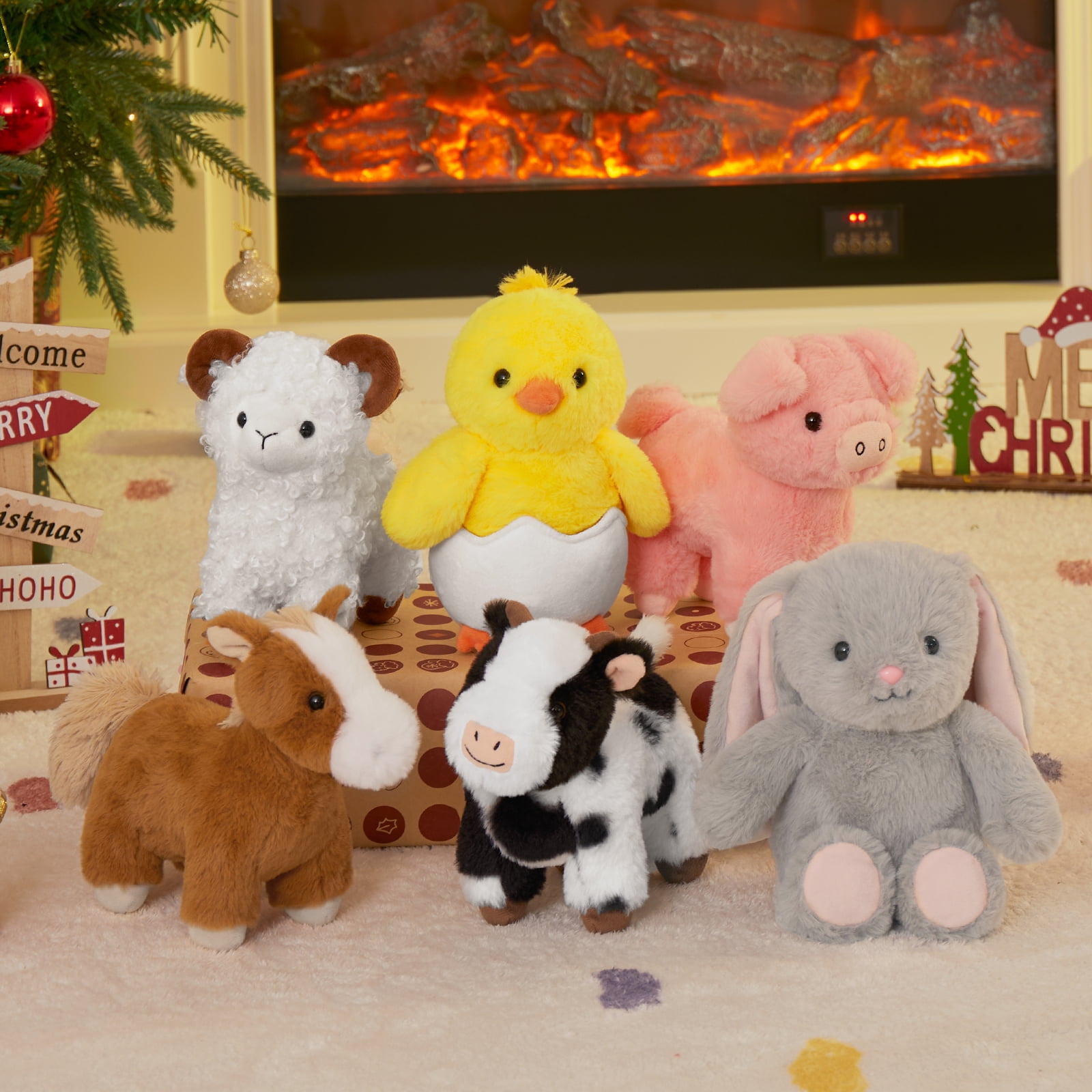 MorisMos 6Pcs Farm Animal Stuffed Animals Bulk with Cow/Horse/Sheep/Pig/Bunny/Chick Plush Toys