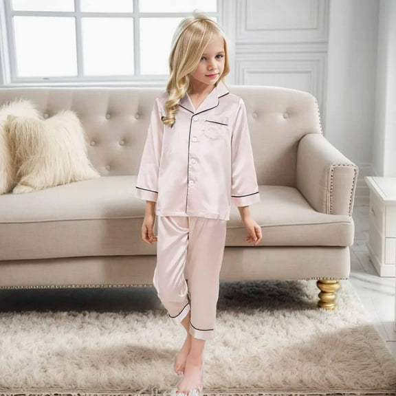 Boys Satin Pajamas Set Beige Button Down Sleepwear Set Girls' Fashion Pajamas Set Boys Christmas Pajamas Size 7-8 Years