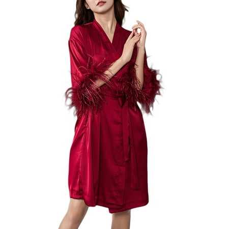 

Women s Satin Kimono Robe with Feathers Dressing Gown Sleepwear Pajamas Bridesmaid Wedding Robes