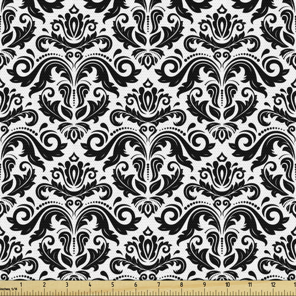 Damask Fabric by the Yard, Monochrome Floral Arrangement with Middle Eastern Motifs Design Element Image, Decorative Upholstery Fabric for Sofas and Home Accents, 2 Yards, Black White by Ambesonne