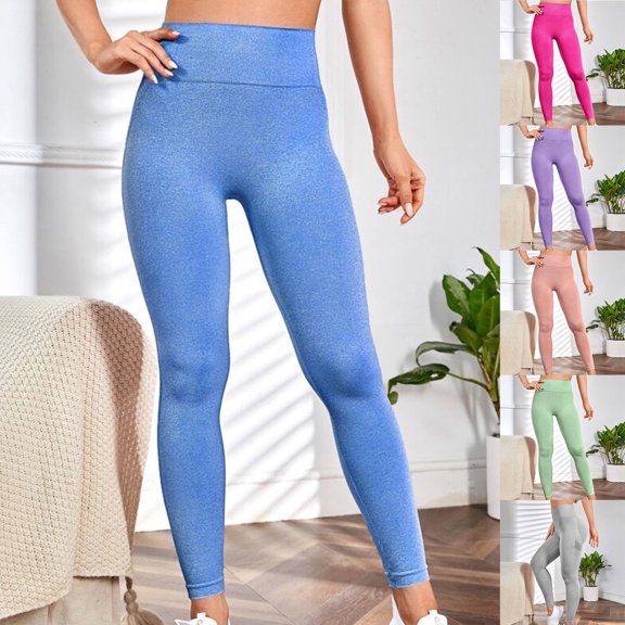 Brondbend Womens Yoga Pant Women Leggings Stretchy High Waist Belly Control Workout Trousers Solid Color Breathable Tights Slim Fit Outdoor Athletic Jogger Blue
