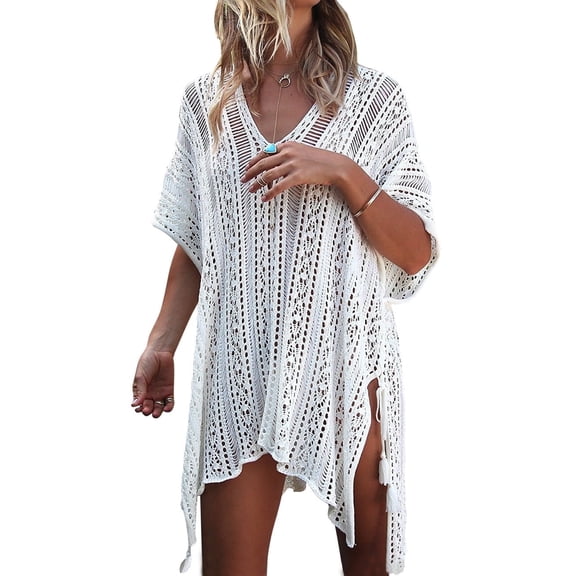Cogild Women’s Crochet Swim Cover-up Sleeveless V-Neck Sheer Tunic Beach Dress