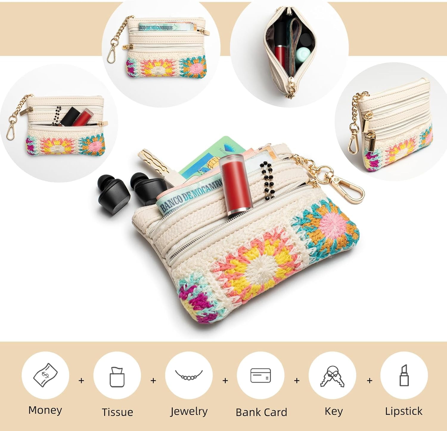 Crossbody Phone Strap with Zippered Pouch,Clip and Go Strap for Phone with Wallet,Adjustable Phone Lanyard Wrist Strap