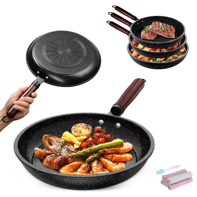 Juego de 3 Piezas de Sartenes, Sartén Antiadherente Juego De 3 Sartenes Con Revestimiento, Sartenes sin PFOA, Multifuncionales para Freír Huevos, Tortitas, Duraderas Aptas para T