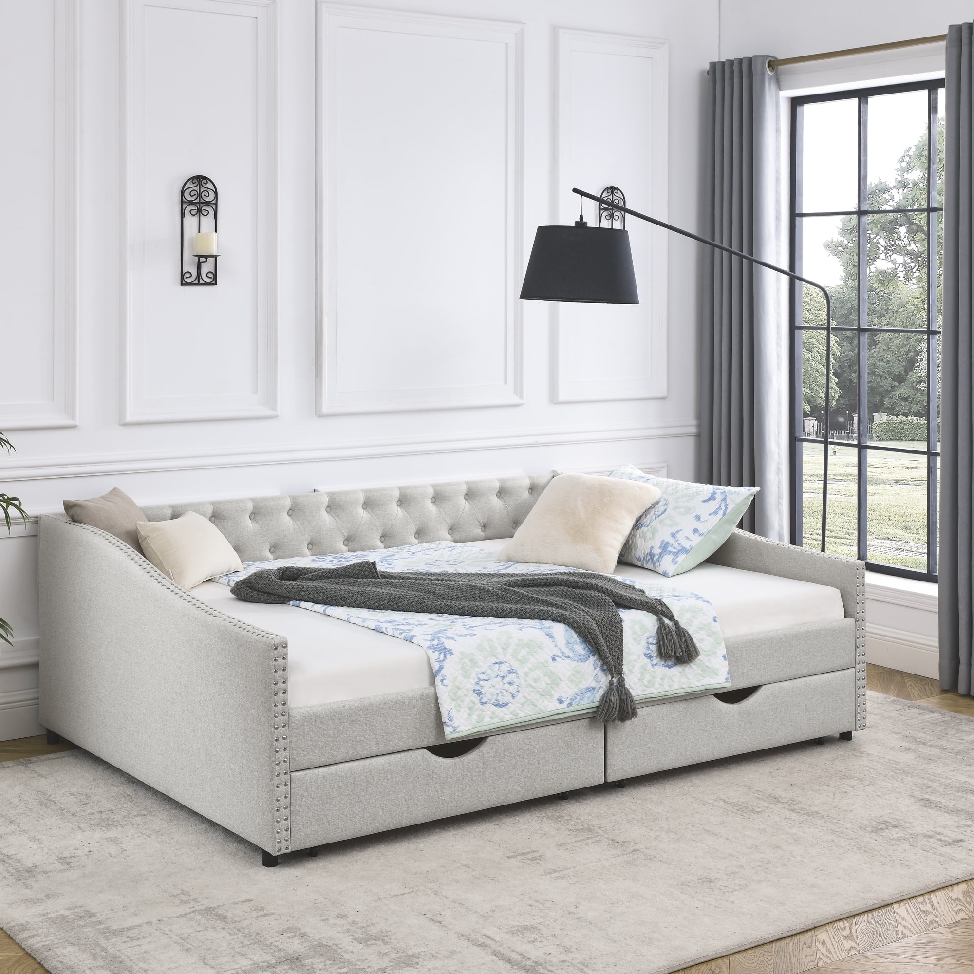 Momspeace Upholstered Daybed with Drawers, Modern Fabric Queen Size Daybed Frame Sofa Bed, No Box Spring Needed, Space Saving - Beige