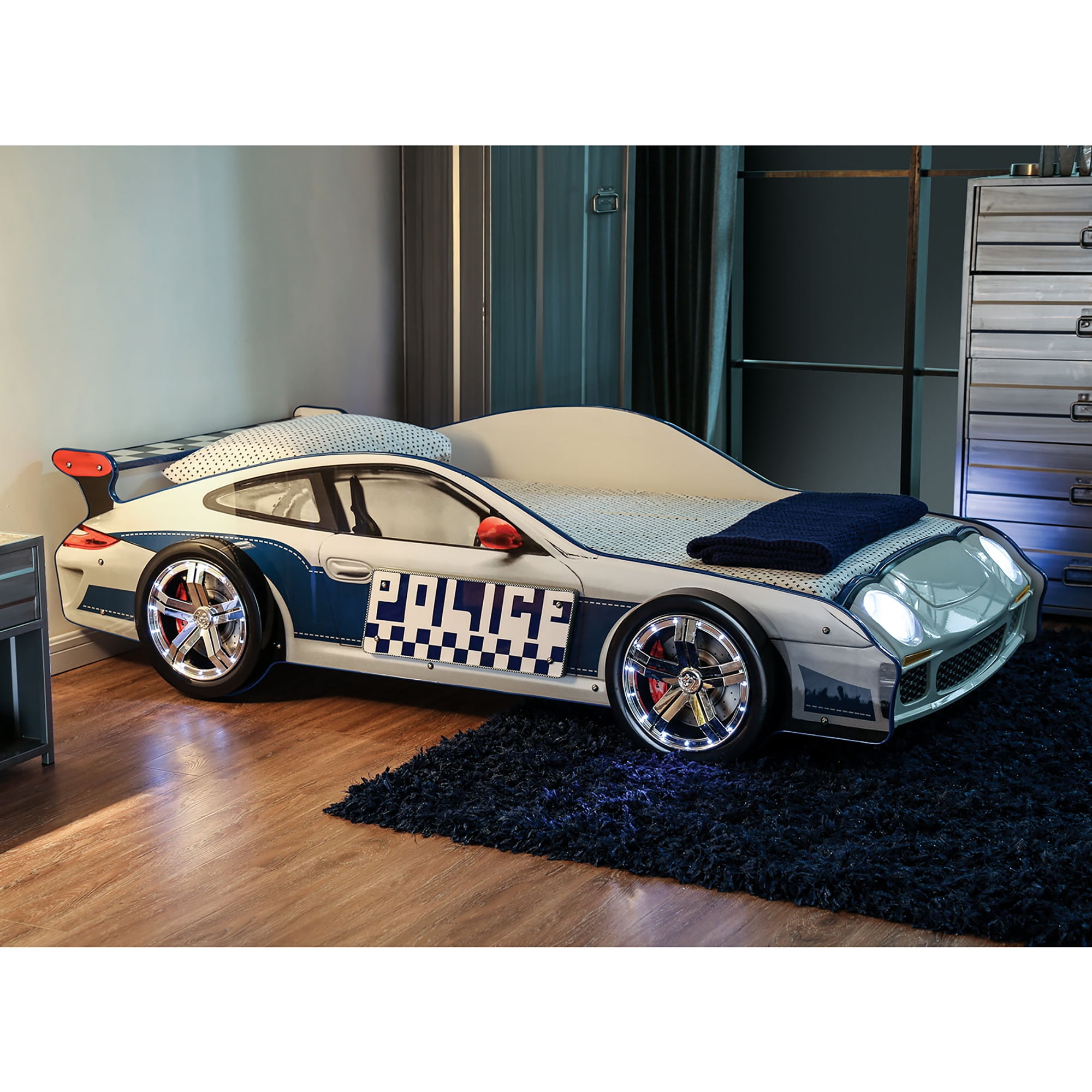 Furniture of America Mauer Wood White Twin Car Kids Bed with LED Night Lights on Headlights & Wheels