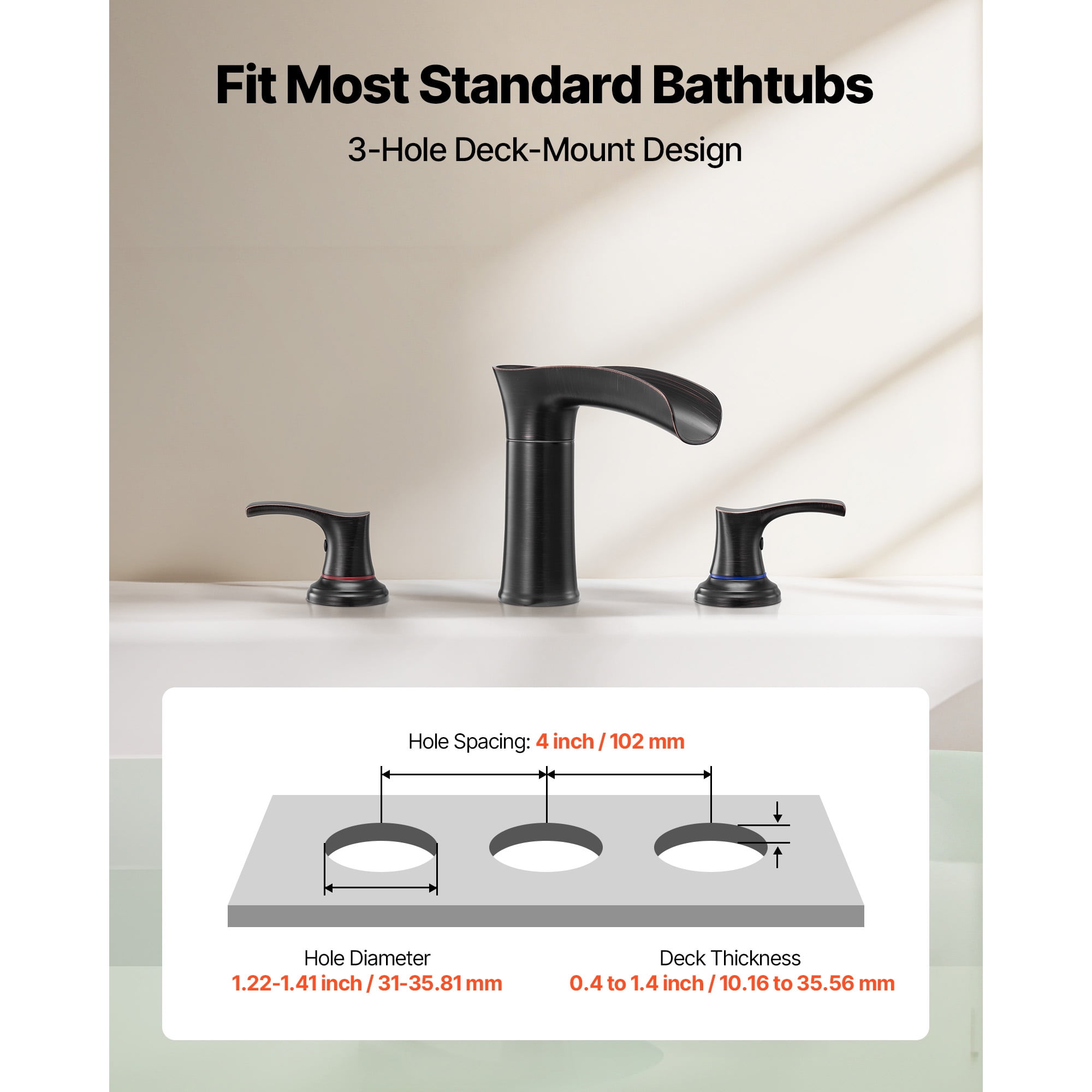 KFFKFF Roman Tub Faucet, 3-Hole Waterfall Bathtub Fixture,Zinc Alloy Bath Faucet Set with Dual Handles, Deck-Mounted Tub Faucet for Washing Pets, Baby Care, and Adult Bathing,Oil-Rubbed Bronze Finish