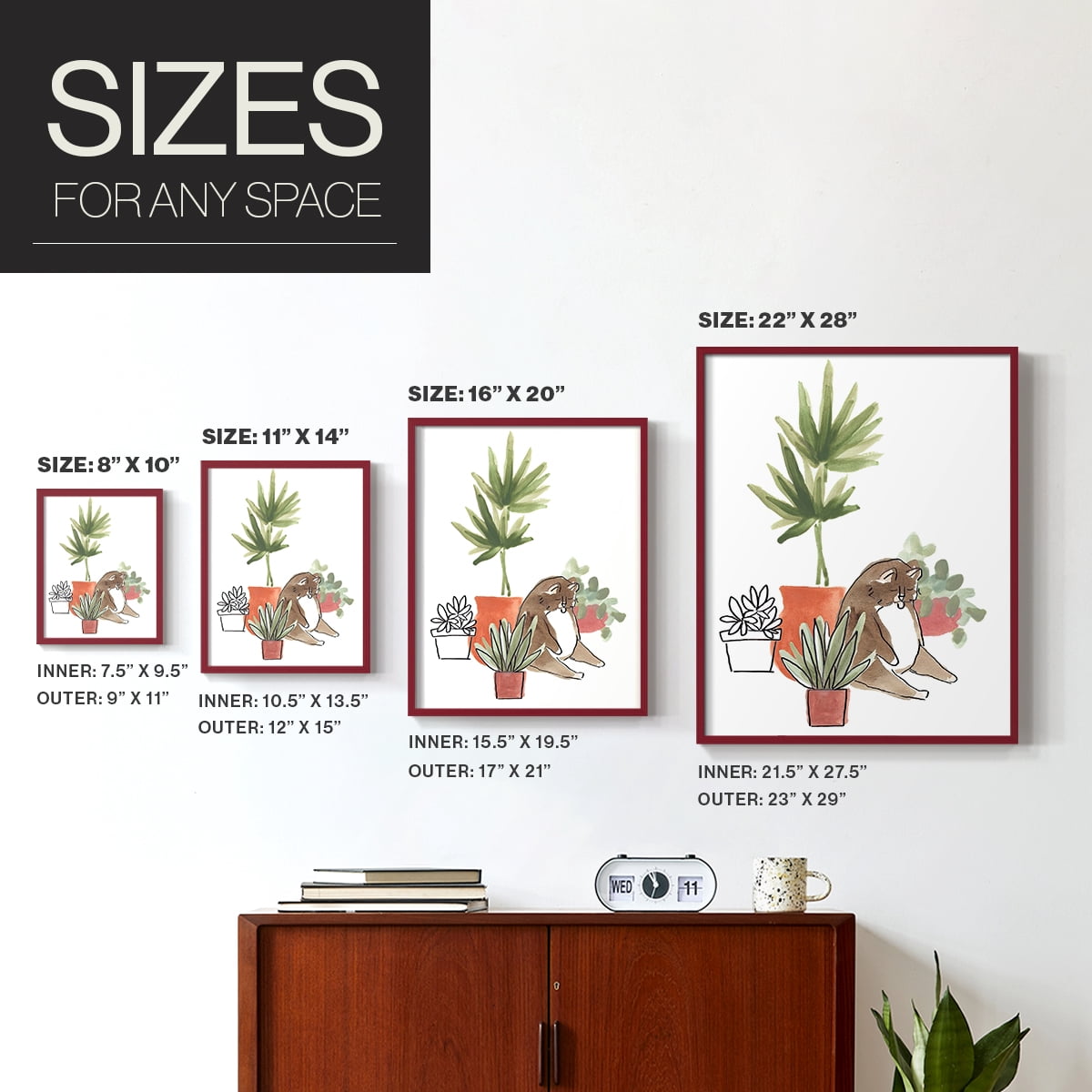 Purrfect Plants II Framed Print in Red Solid Wood Framed Print No Nail Hanging