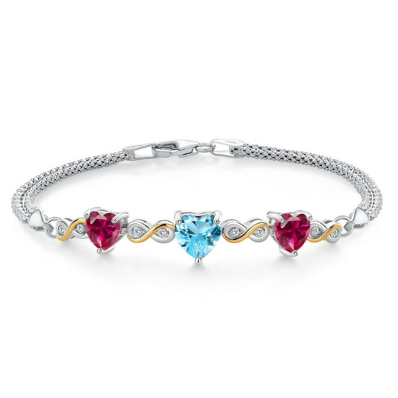 925 Silver and 10K Yellow Gold Swiss Blue Topaz and Red Created Ruby and White Lab Grown Diamond Bracelet for Women (3.50 Cttw, November Birthstone, Heart 7MM and 6MM, 6.5/7/7.5 inch, Made in Italy)