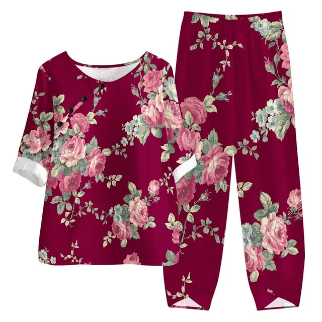 Birdeem Ensemble d'Été Imprimé pour Femmes Manches Mi-Longues Col Rond Haut Court + Pantalon Décontracté Ensemble de Détente Deux Pièces