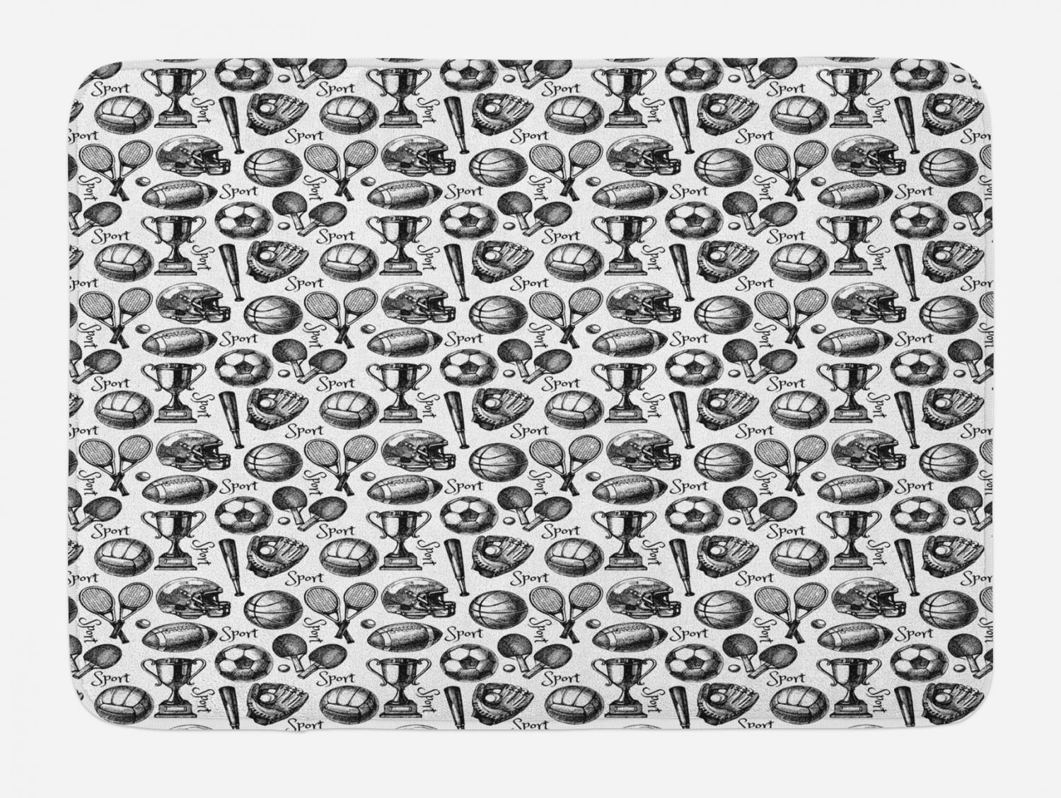 Sport Bath Mat, Monochrome Trophy Baseball Glove Ping Pong Ball Sketch