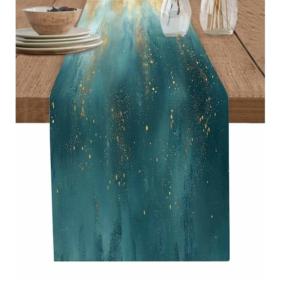 Abstract Turquoise Gold Table Runner 36 Inches, Modern Minimalist Art Bed Runner Dresser Scarves Tabletop for Indoor Outdoor Parties/Ceremony/Banquet, 13"x 36"