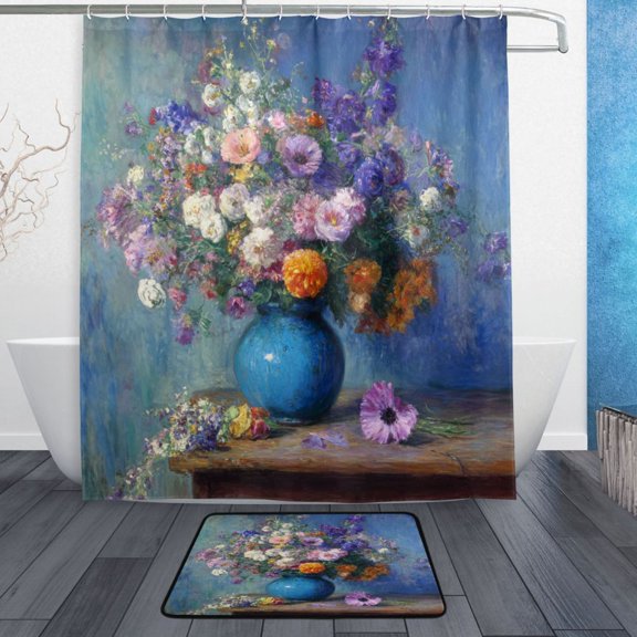 TTYFWHD 60" x 72" Shower Curtain and Bath Mat Set Blue Vase with Flowers Pattern Waterproof Bathroom Curtain with 12 Hooks, Bathroom Decor Set