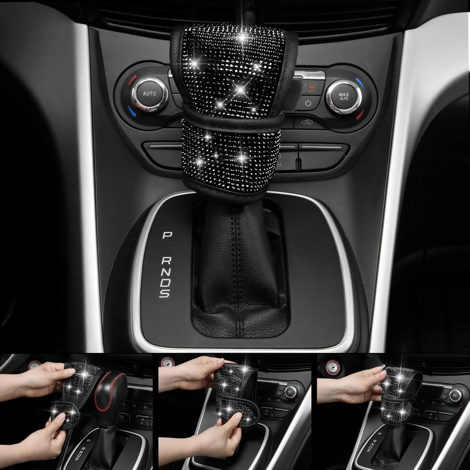 CAR PASS 11 PCS Bling Diamond Car Accessories for Women, Sparkly Rhinestone Steering Wheel Cover, Bling Seat Belt Cushion, Glitter Shift Knob Cover, Car Cup Holder Coaster, Cute Interior Sets Black
