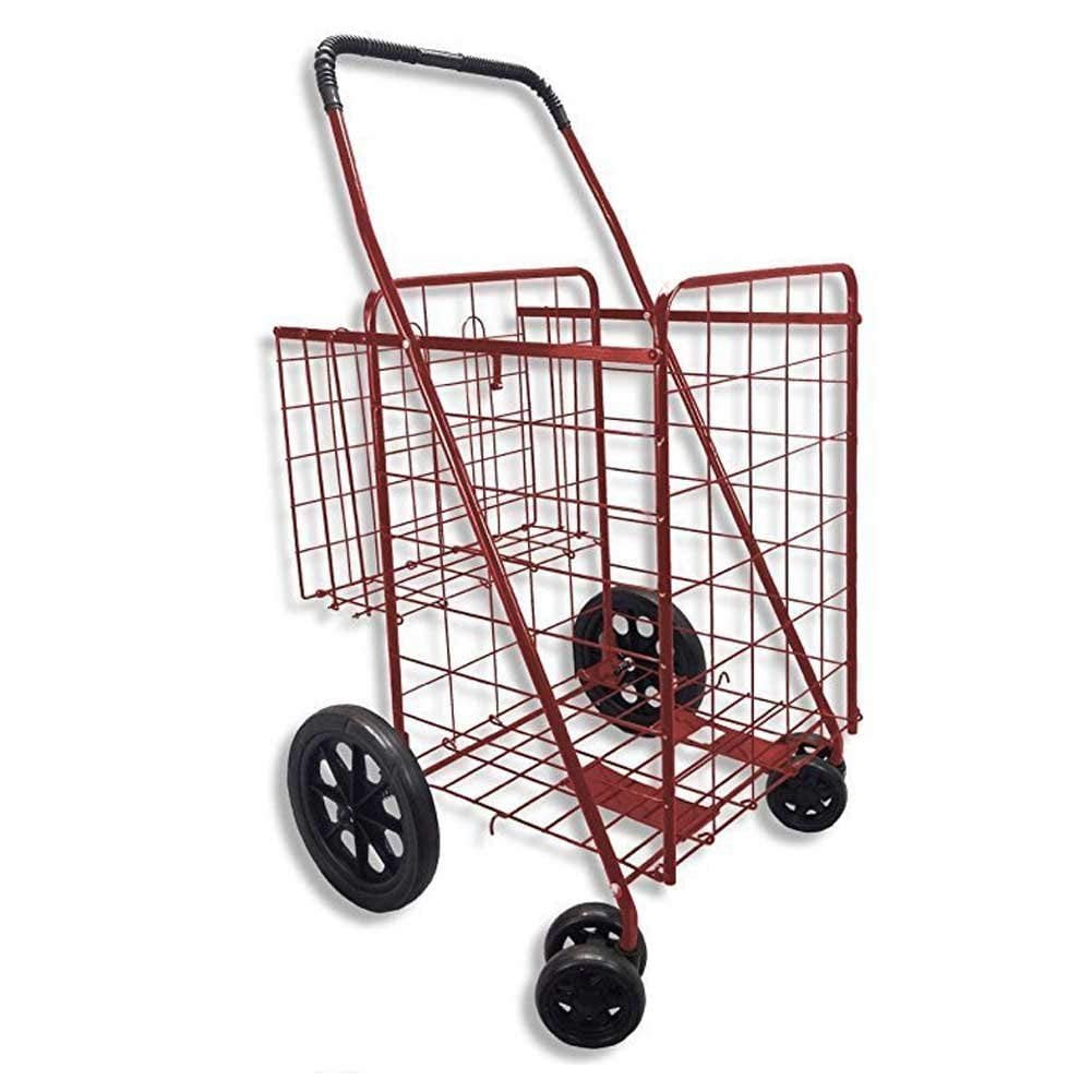 Double Basket Flat Folding Shopping Cart with Swivel Wheels for Laundry