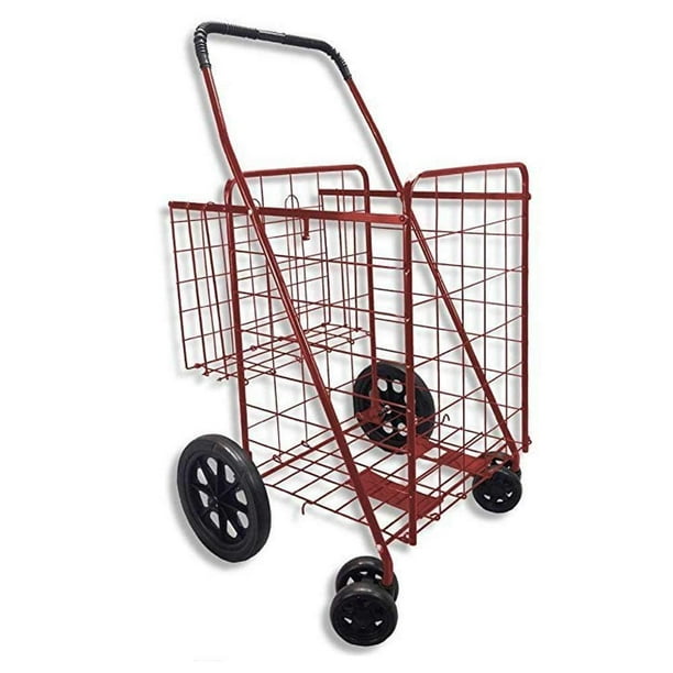 Double Basket Flat Folding Shopping Cart with Swivel Wheels for Laundry