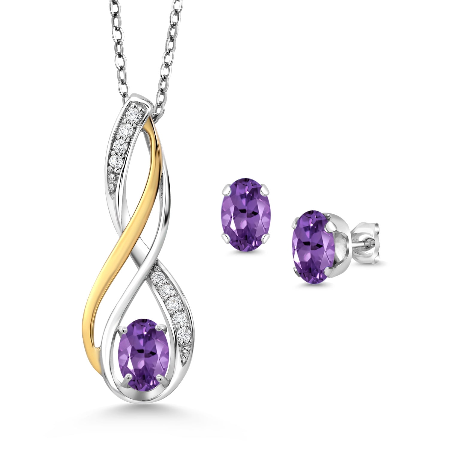 Gem Stone King 1.41 Ct Purple Amethyst E-F Lab Grown Diamond 925 Silver and 10K Yellow Gold Pendant and Earrings Jewelry Set